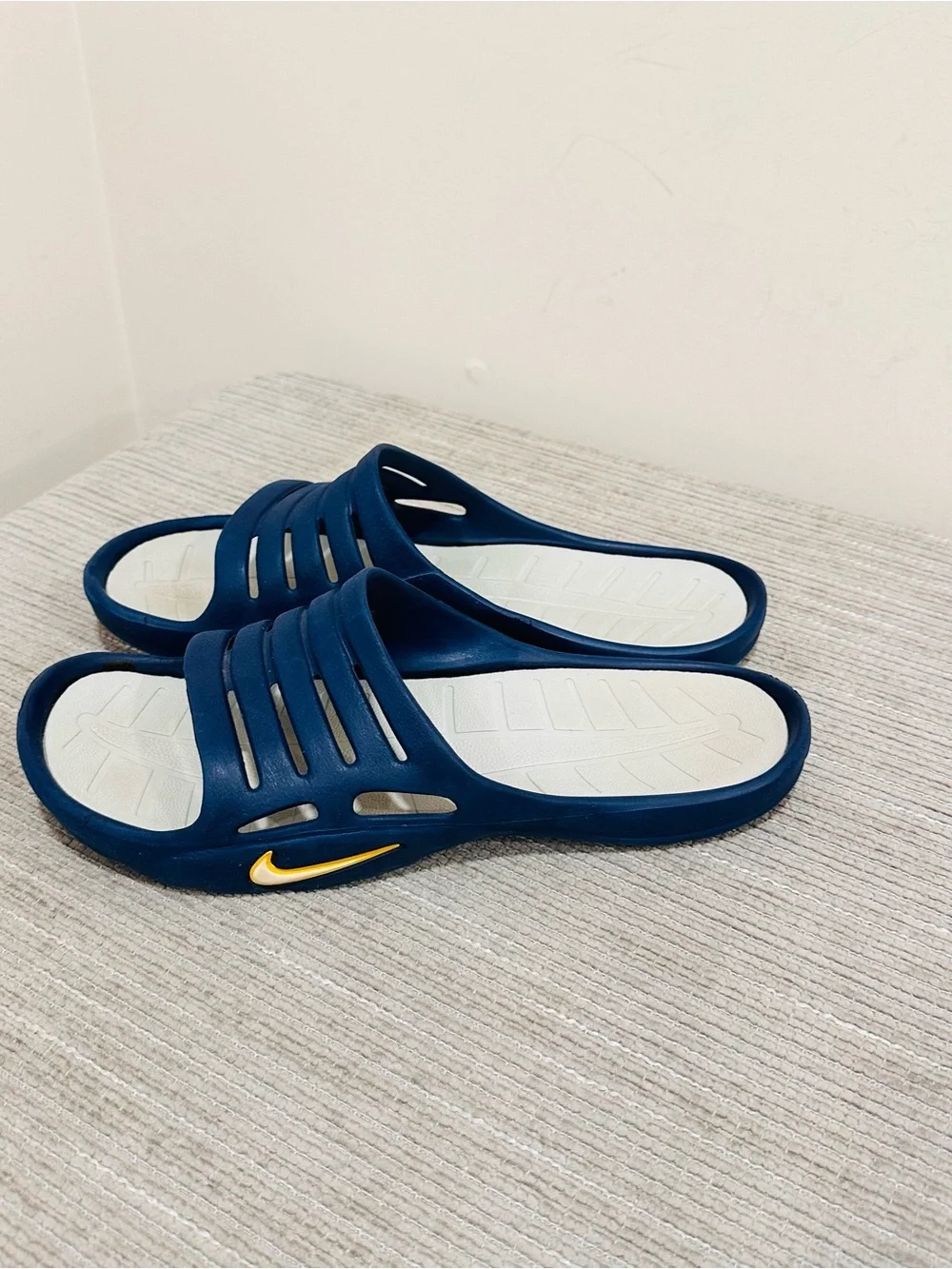 Vintage Nike Slides Y2K Navy Blue Grey Yellow Swoosh Men's 9 / Women's 11 Rare